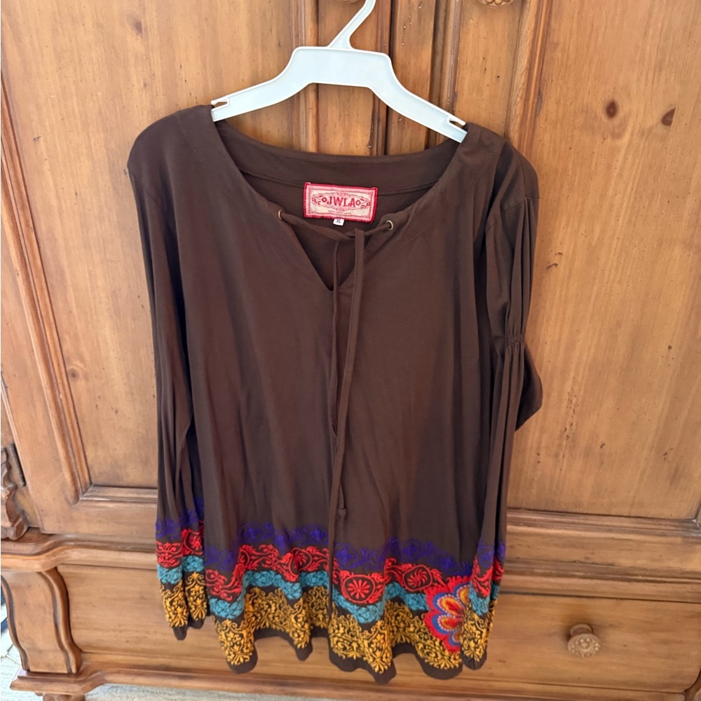 Johnny Was Brown Boho Embroidered Hem Peasant Top